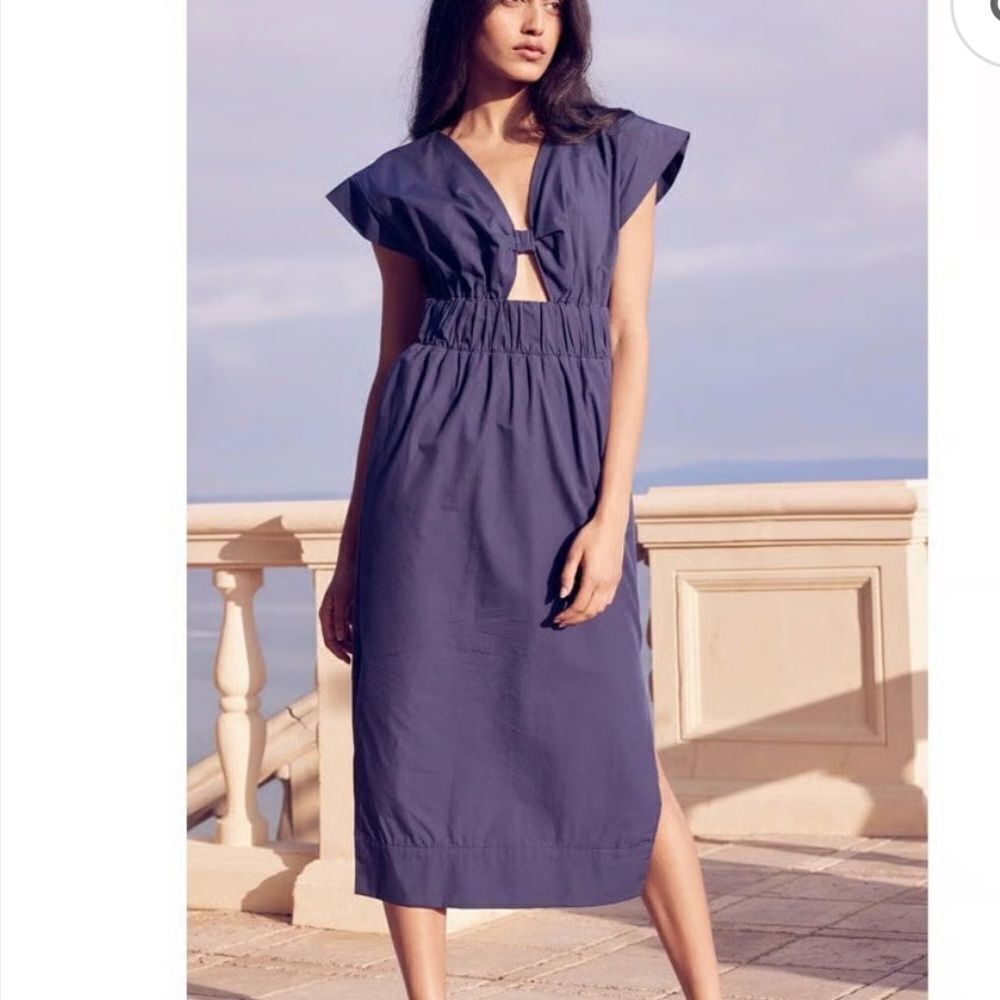 New Misa Los Angeles Claudine navy midi dress cotton poplin M
